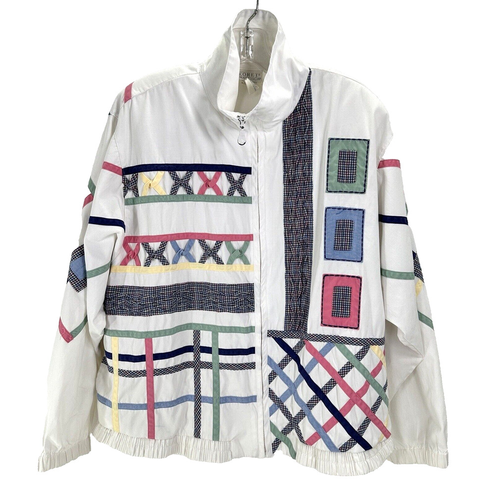 Vintage Koret Francisca Jacket L White Pastel Cotton Blend Geo Applique Bomber